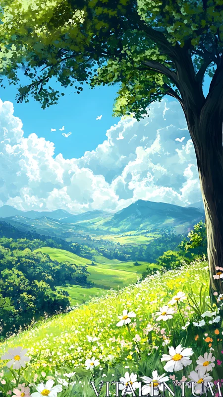 Wildflower hillside leans into a sky brimming with summer cloud