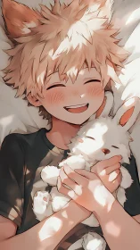 Smiling anime boy with fox ears cuddles sleeping white rabbit