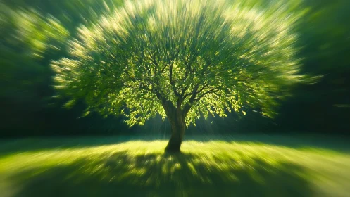 Radiant sunlit tree with dynamic blur in vibrant green landscape.