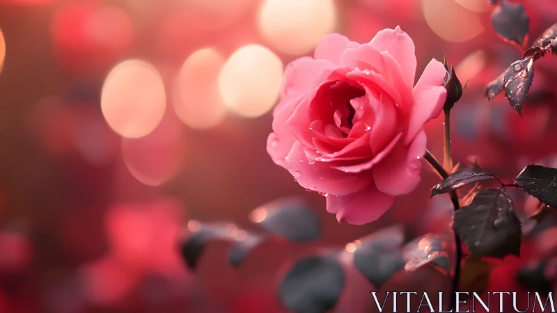 Pink Rose with Bokeh Background and Water Droplets.