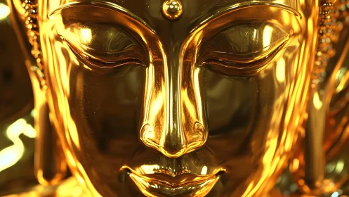Golden Buddha face close-up in serene, reflective artistic style.