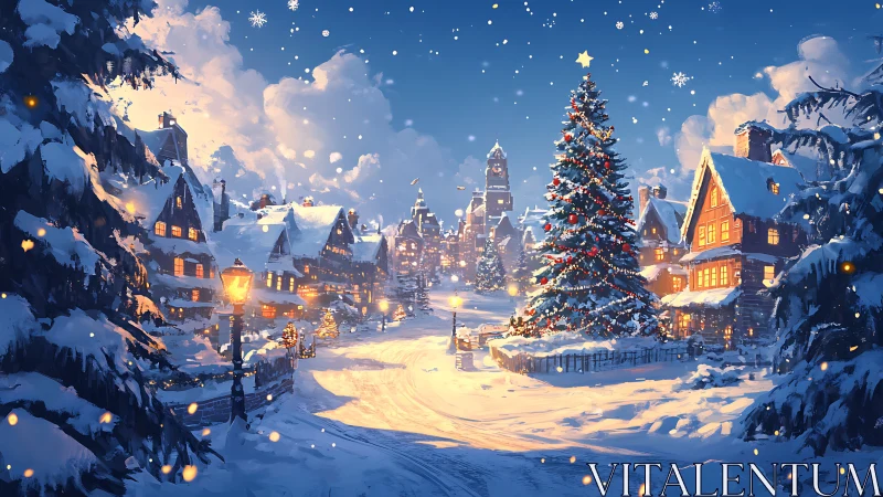 Snowy village square with illuminated Christmas tree at dusk.