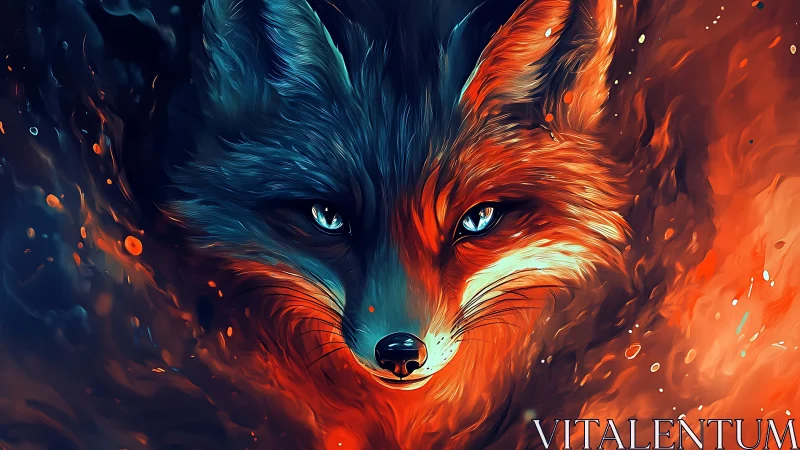 Stylized fox portrait in dual-toned abstract environment.