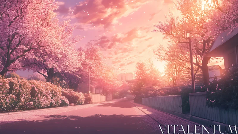 Twilight cherry lane drifts in rosy petal-slowed time.