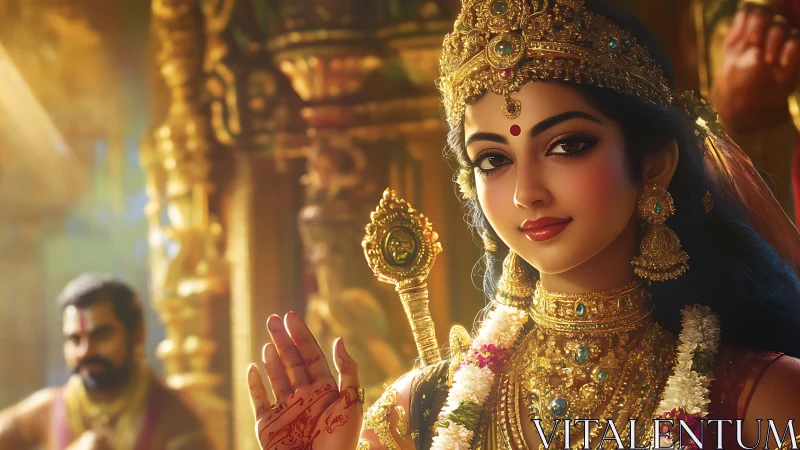 Radiant goddess portrait glows with golden temple warmth