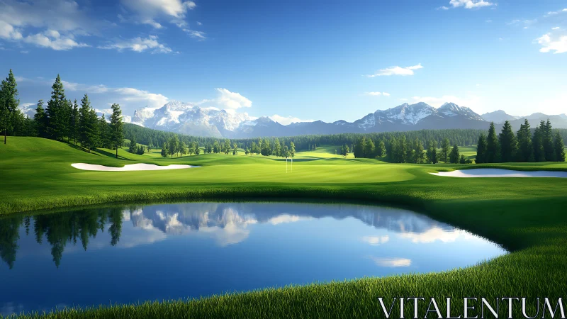 Mountain golf course surrounds reflective water hazard under sun
