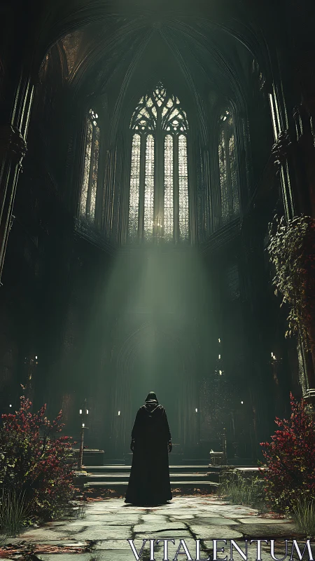 Hooded figure under cathedral vaults in dramatic volumetric light