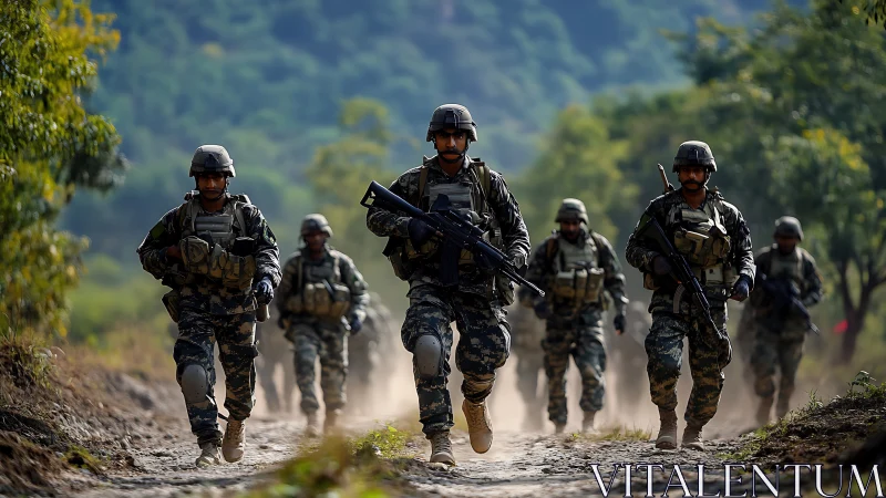 Photorealistic infantry patrol in staggered column formation.