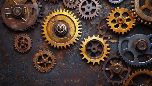 Interlocked brass and steel cogs on corroded metal surface.