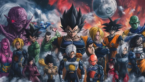 Epic anime battle ensemble under storm-lit cosmic sky.