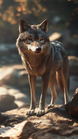 Wildlight catches a vigilant wolf poised on sunlit stone
