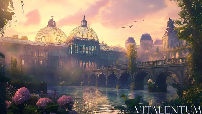 Sunlit glass palace and bridge glow above tranquil river.