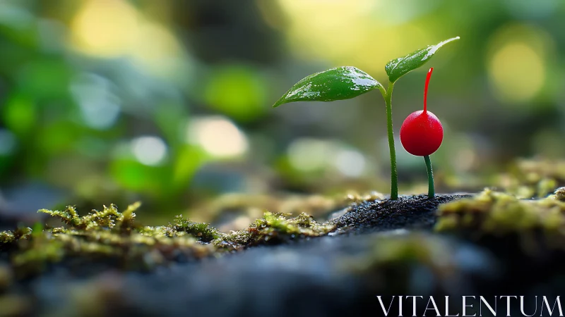 Tiny plant seedling with red berry growing in soft moss