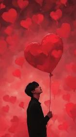 Silhouetted figure clutching translucent heart-shaped balloon in crimson bokeh environment.