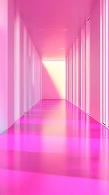 Minimalist pink corridor with luminous linear light columns.