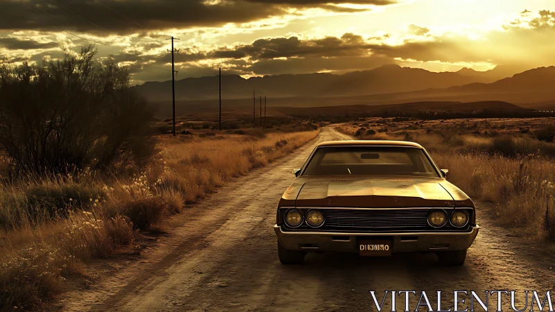 Sunlit classic sedan on rural dirt road under dramatic clouds