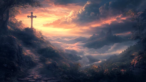 Stone cross on misty mountain path under glowing sunset