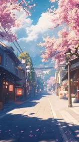 Cherry-lined urban street extends under clear daylight sky