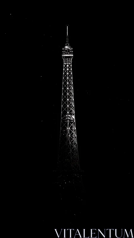 Eiffel Tower silhouette cuts stark profile against night sky.