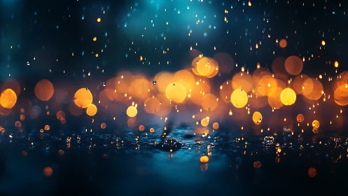 Rain droplets with urban bokeh in low light conditions.