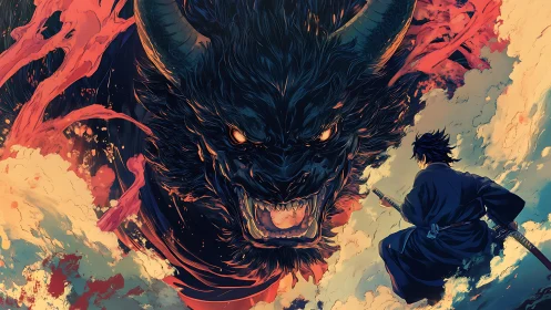 Samurai confronting horned dragon amid clouds and energy.
