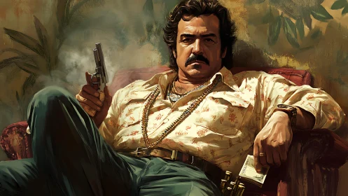 Commanding gunman reclining in smoky vintage interior.