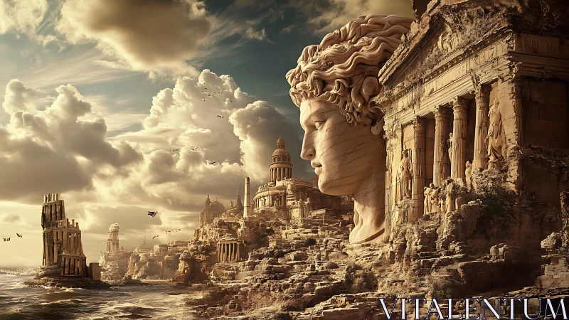 Colossal stone deity broods over a tide-worn mythic city.
