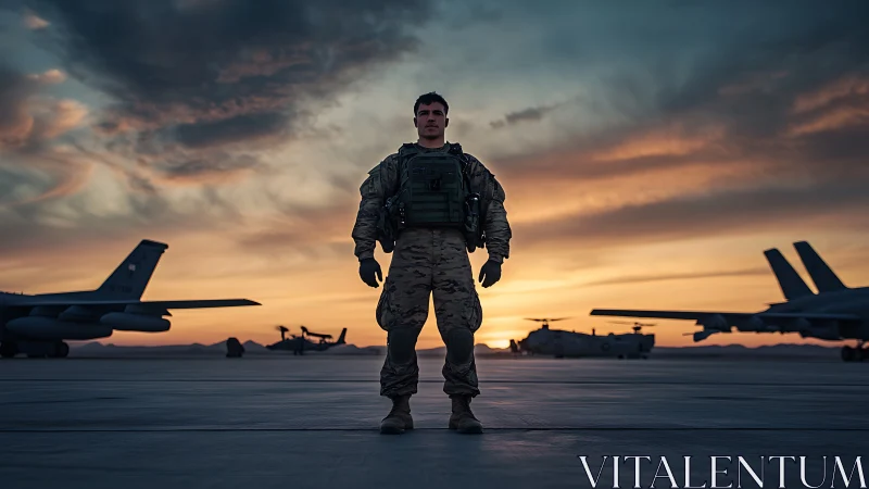 Twilight steel gathers in a lone soldier guarding the runway