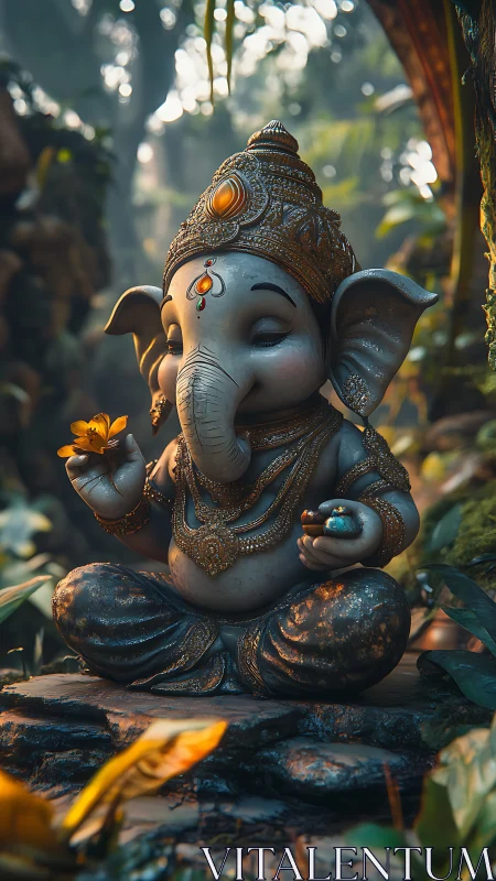 Tiny forest ganesha breathes gold into quiet morning light