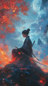 Samurai figure sits on rocky slope under moonlit sky
