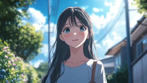 Anime street portrait under summer backlight, soft focus rendering.