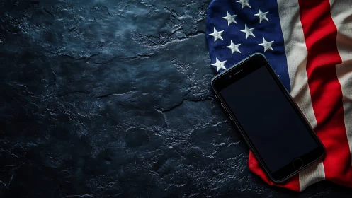 Smartphone lies on United States flag on dark stone surface