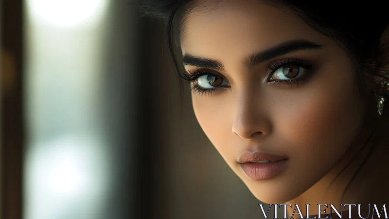 Portrait captures intense gaze of woman in soft window light