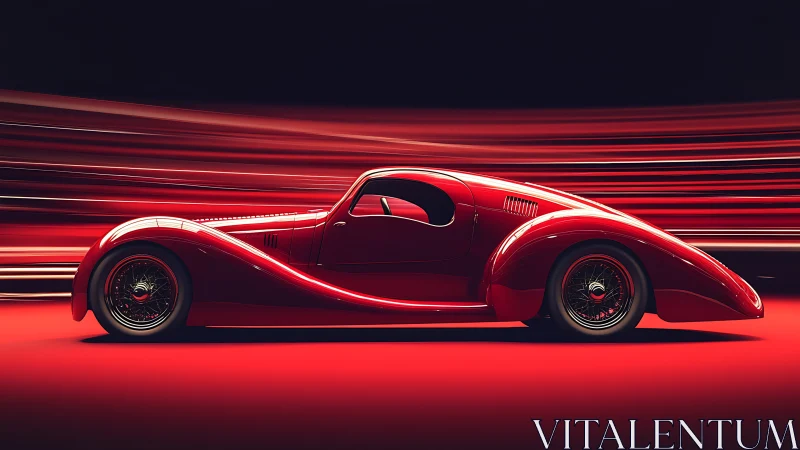 Sculpted red vintage coupe races through a stream of light