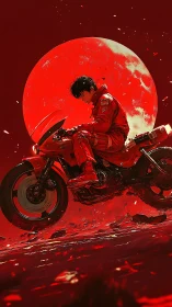 Red-lit cyber rider leans on sport bike before oversized lunar disc