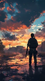 Armed survivor stands in flooded urban ruins at sunset.