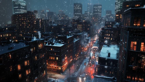 Snowfall over dense city district with illuminated traffic.