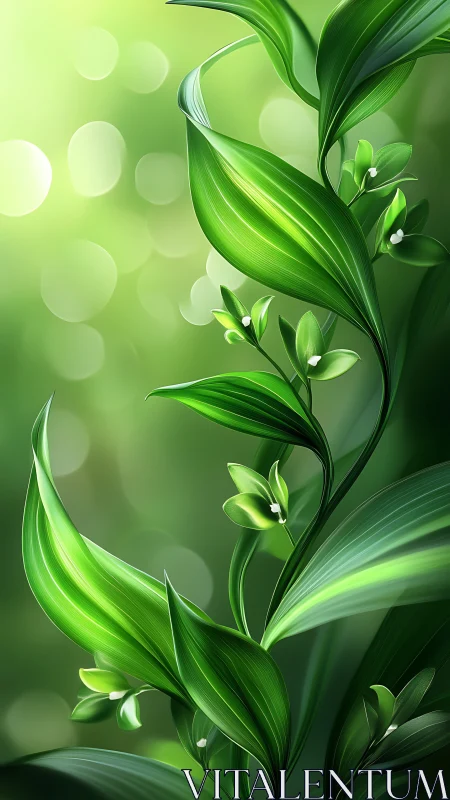 Digital painting of luminous green leaves with bokeh background.