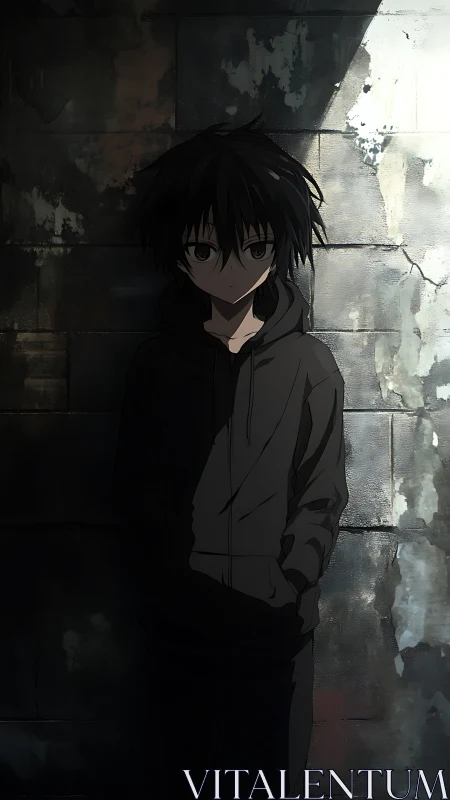 Solitary anime teen in hoodie against worn urban wall.