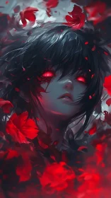 Digital portrait of red-eyed figure amid drifting petals.