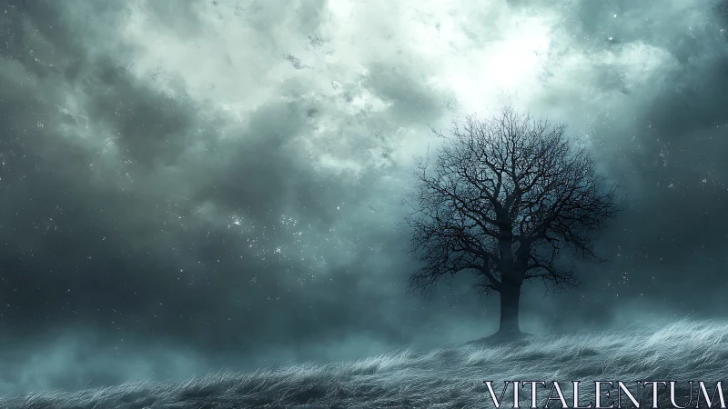 Solitary winter tree whispers beneath a stormlit sky