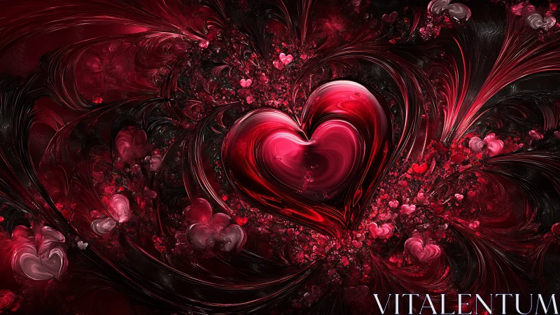 Red Heart Shapes Against Dark Swirling Fractal Background