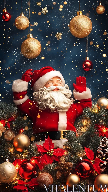 Joyful Santa celebrates under sparkling Christmas baubles