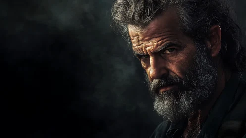 Weathered bearded man under moody cinematic side light.