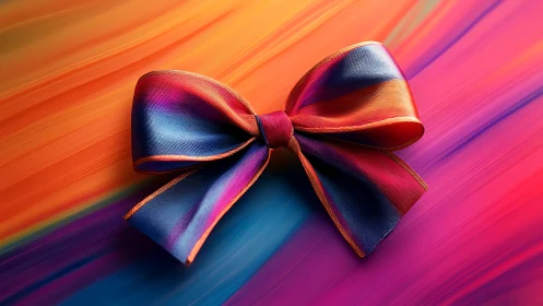 Vibrant satin bow resting on a sweeping rainbow canvas.