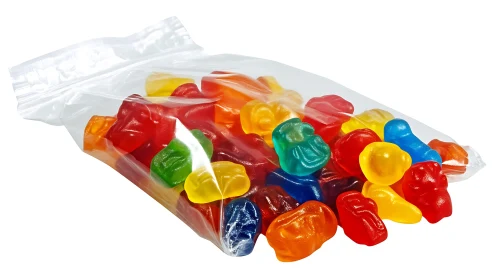 Assorted gummy candies in clear plastic resealable packaging displayed against neutral background