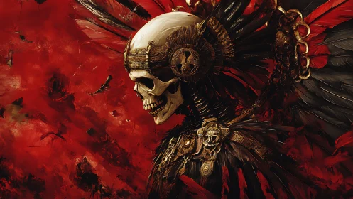 Bone crowned war spirit laughs through swirling crimson storm