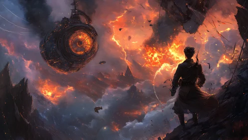 Wanderer faces burning sky and falling orbital fortress.