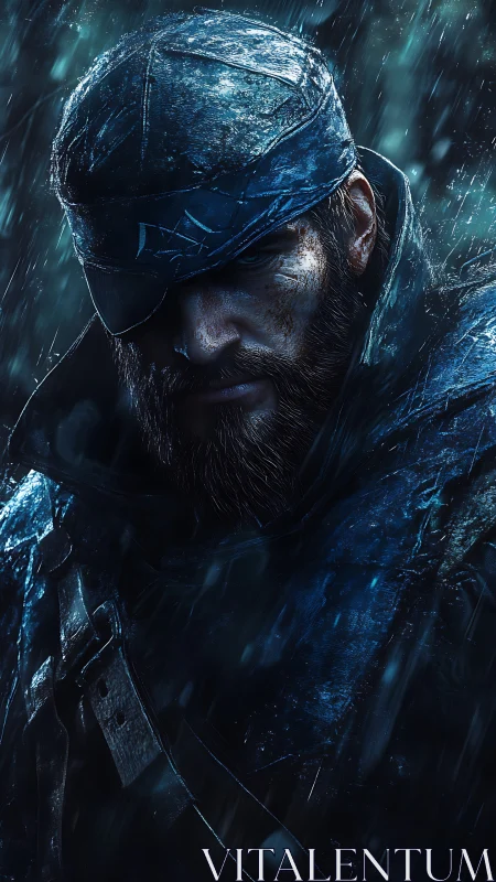 Battle-hardened warrior glares through storm-soaked shadows.