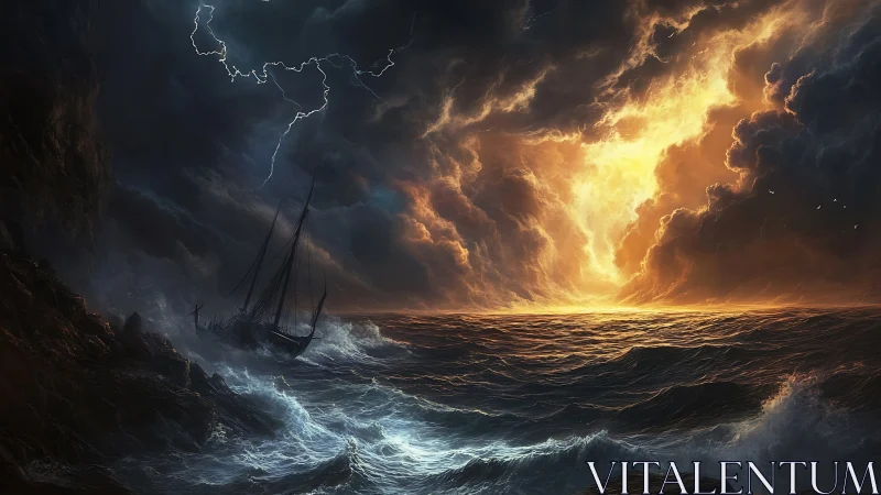 Storm-tossed ship meets blazing horizon in raging seascape.
